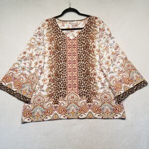 Chicos 2 Lg Top Blouse Leopard & Paisley Print 3/4 Sleeve V Neck Mob Wife BOHO